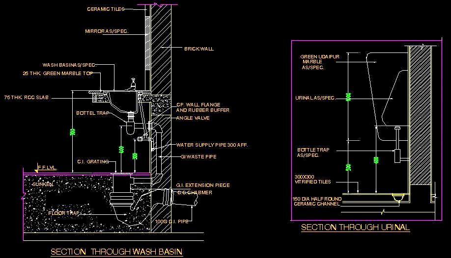 Washbasin & Urinal Plumbing Details in AutoCAD DWG